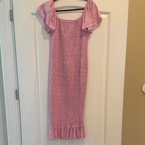 Maternity Pink Floral Midi Dress with Ruffle Sleeves
